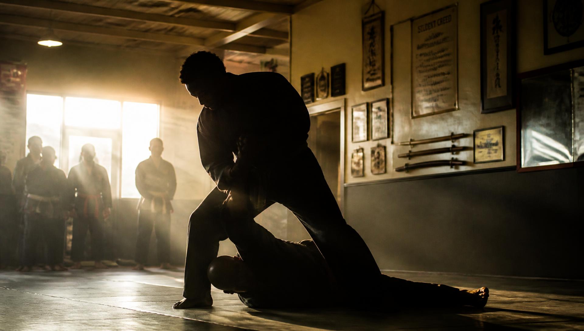 Martial artists training in a warmly lit neighborhood dojo